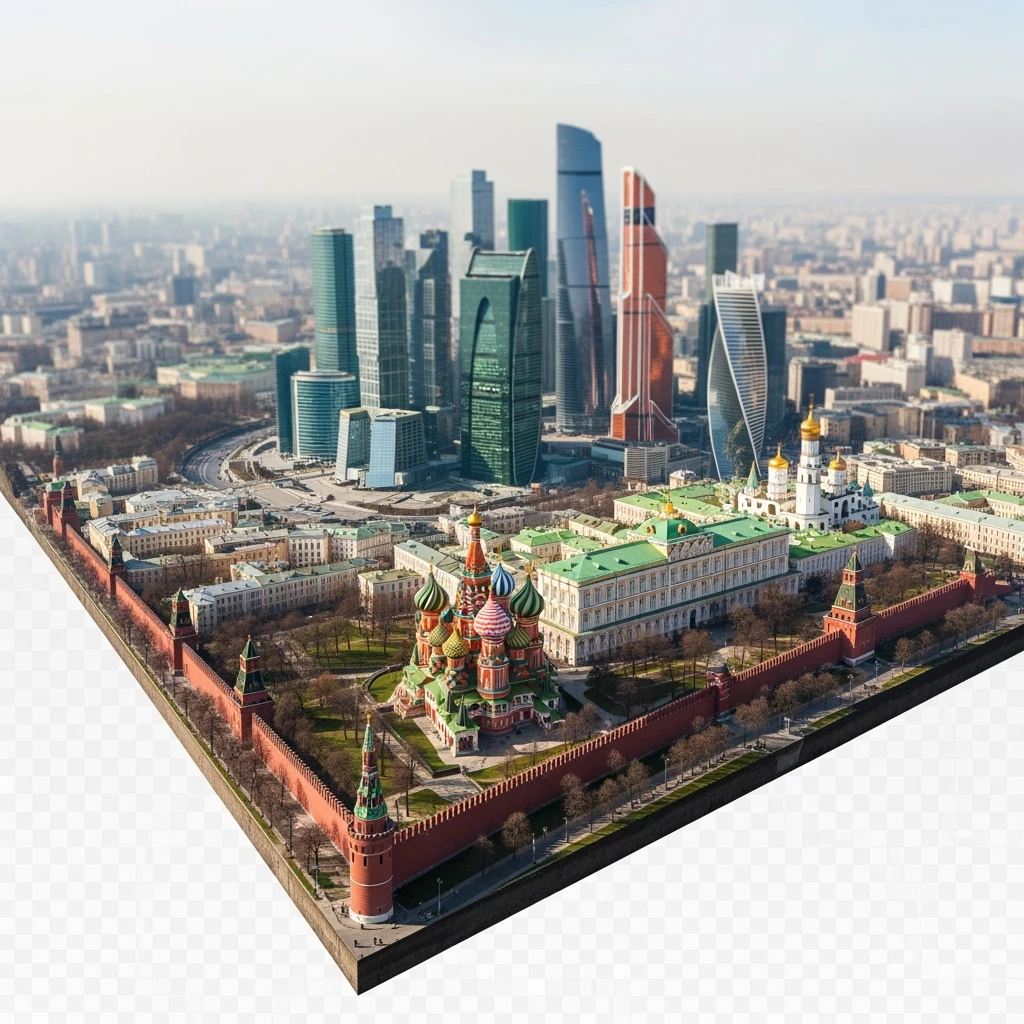 Изометрическая фотореалистичная иллюстрация-модель Москвы с Кремлем с Храмом Василия Блаженного и Сити, баланс между стилизацией и реализмом, эффект миниатюры, прозрачный фон emoji