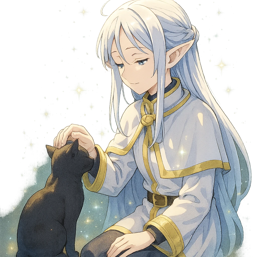 Frieren from Frieren: Beyond Journey's End, petting a black cat, anime style, magical atmosphere emoji
