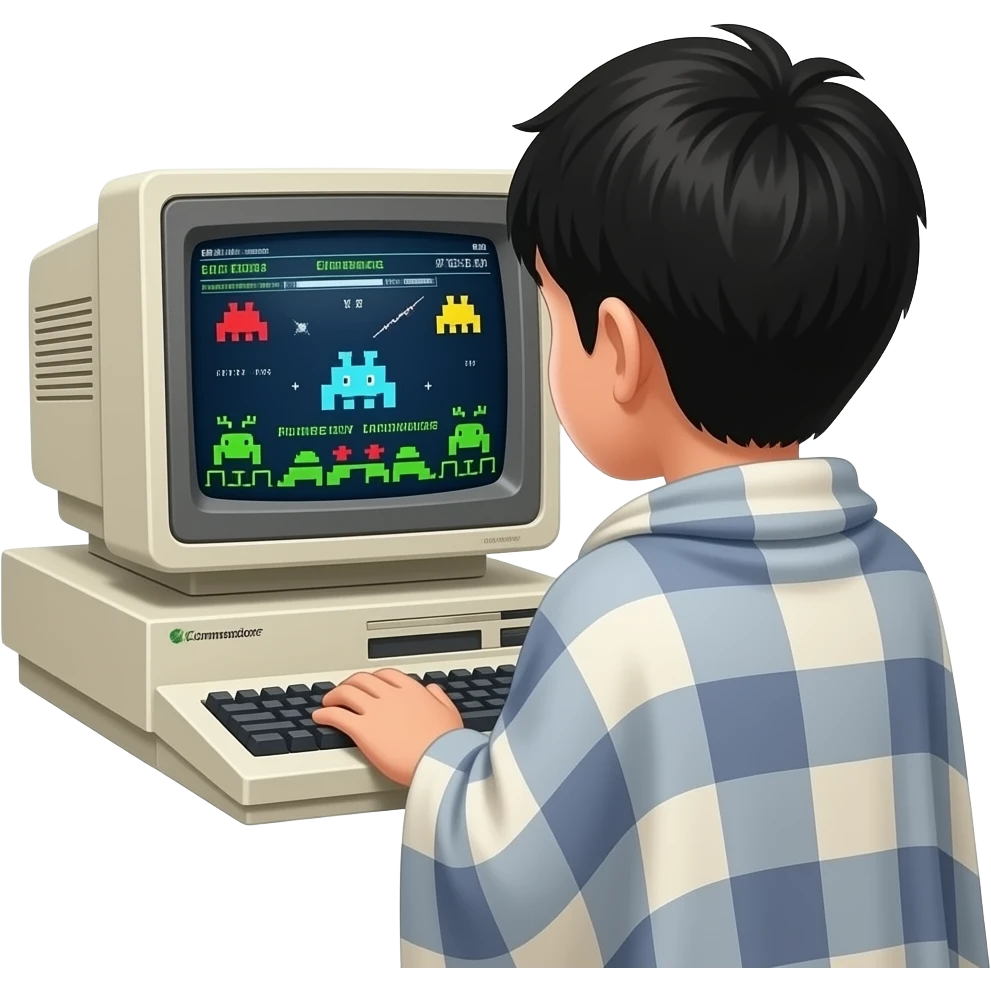 一个中国小男孩，披着一条毛毯，背对着一台 commodore vic-20 在使用电脑，屏幕上是 space invader游戏 emoji