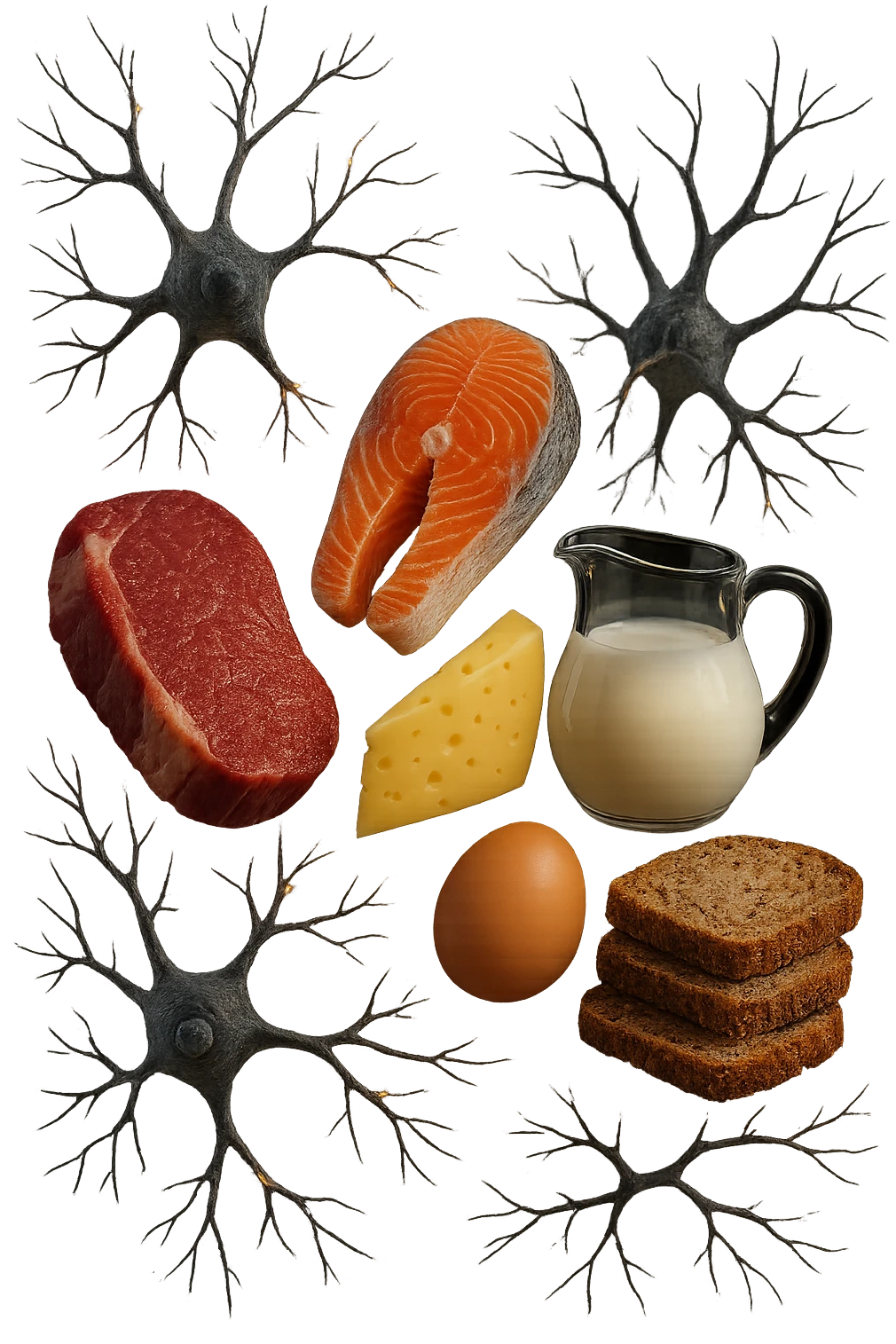 carne, pesce, uova, latticini, cereali integrali fluttuano in aria insieme a neuroni umani anatomici realistici, iperrealistici 4k emoji