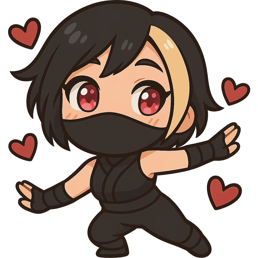Create a chibi anime style ninja girl dancing to the left. Keep the same face, hair, mask, outfit, and hearts as the reference image. Change the pose so her body and arms are leaning to the left in a cute dance move. Transparent background, sized for Twitch emoji use. This is animation frame 1. emoji