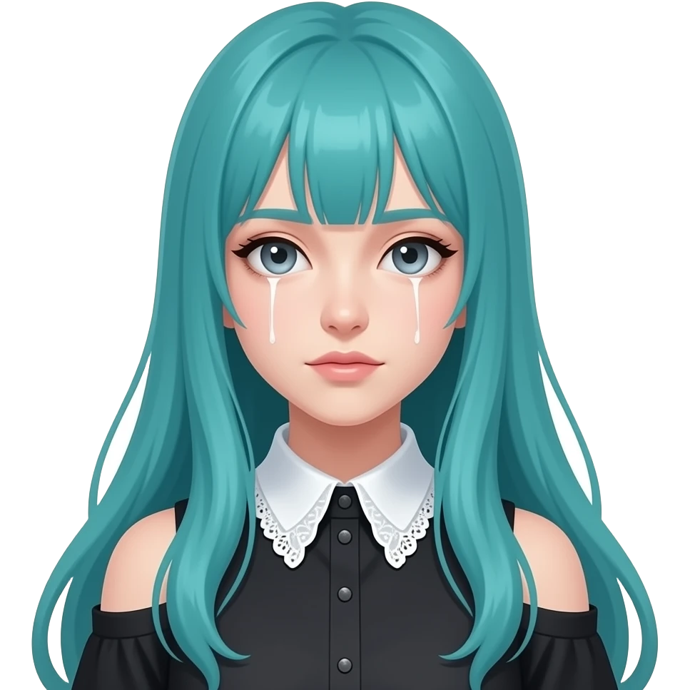 girl, sick, long flowing teal hair, grey eyes, black shoulder cyberpunk blouse with fancy white collar emoji