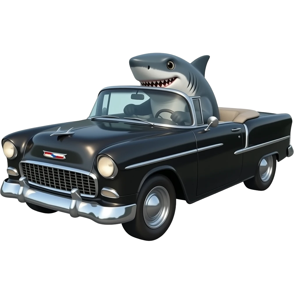 shark driving black 1955 chevy 3/4 view emoji