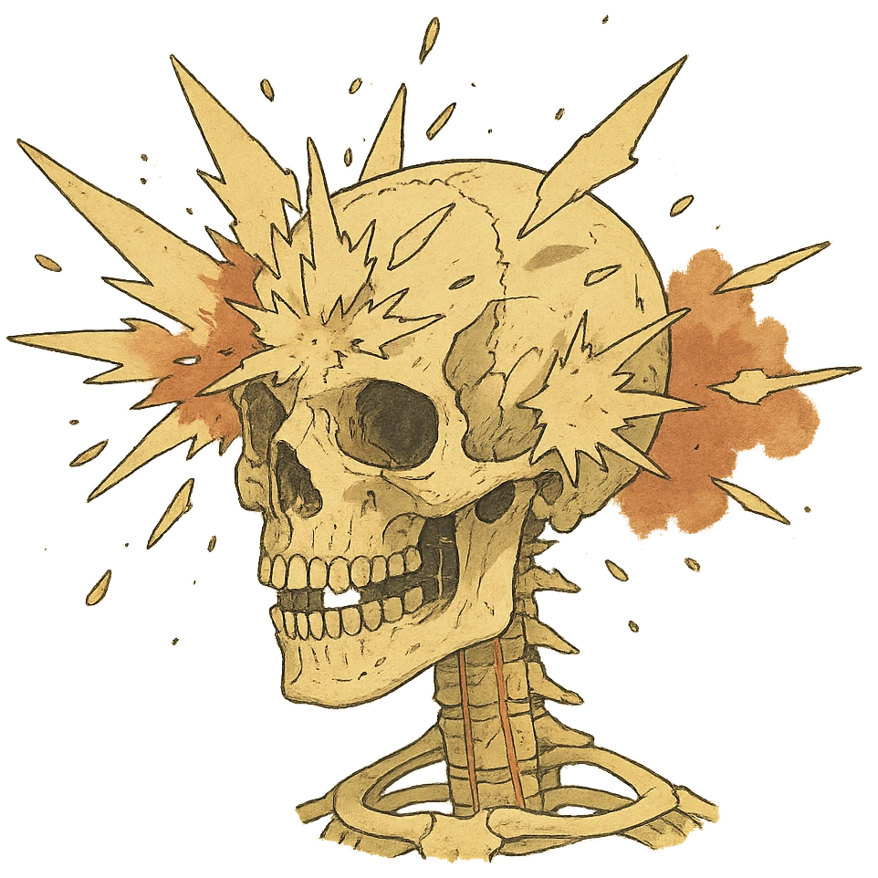 a skull exploding, anatomical diagram, front and back impact points emoji
