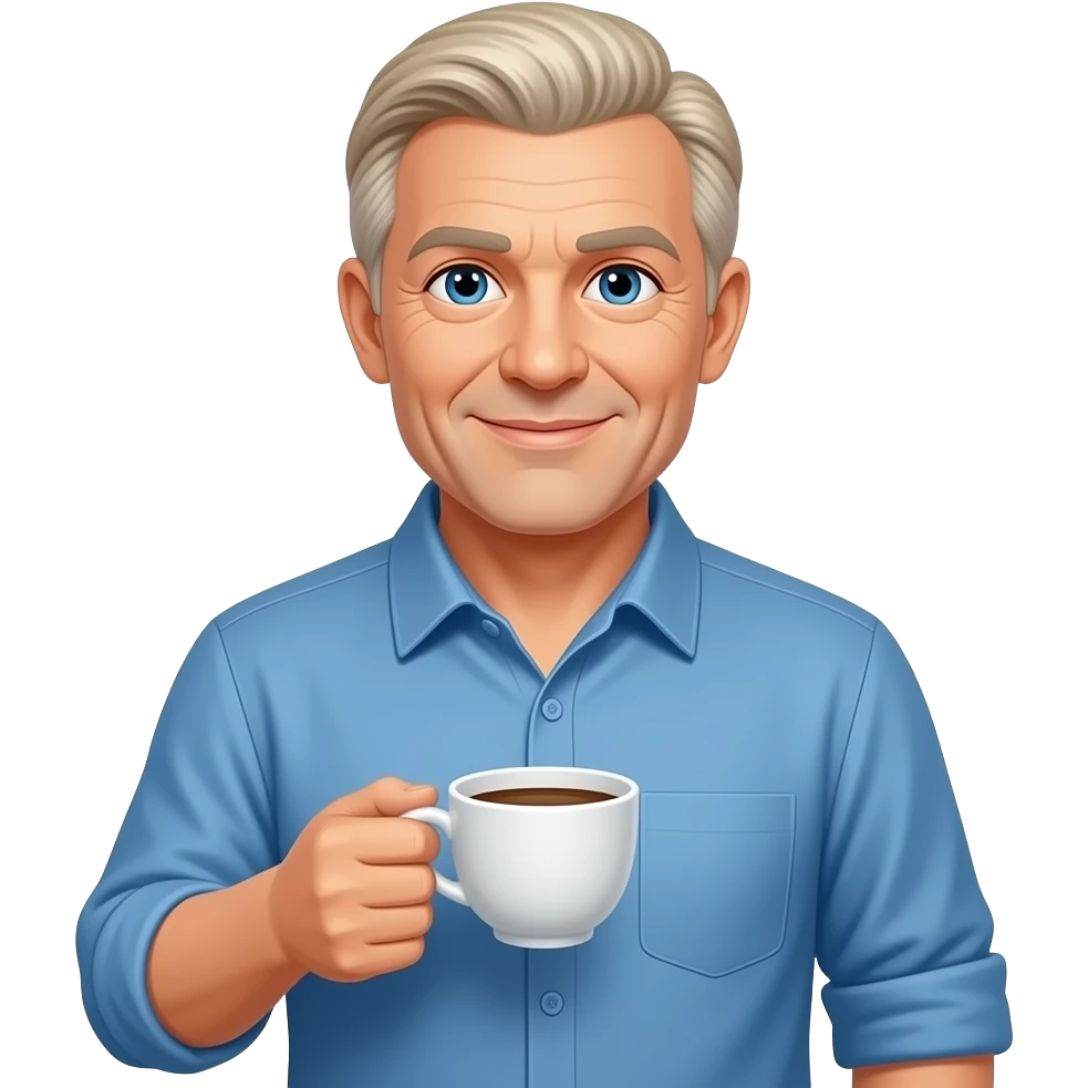 WHITE MAN IN HIS 60S with no facial hair blond salt and pepper hair -less chizled jaw-  WEARING A BLUE BUTTON UP HOLDING A CUP OF COFFEE emoji