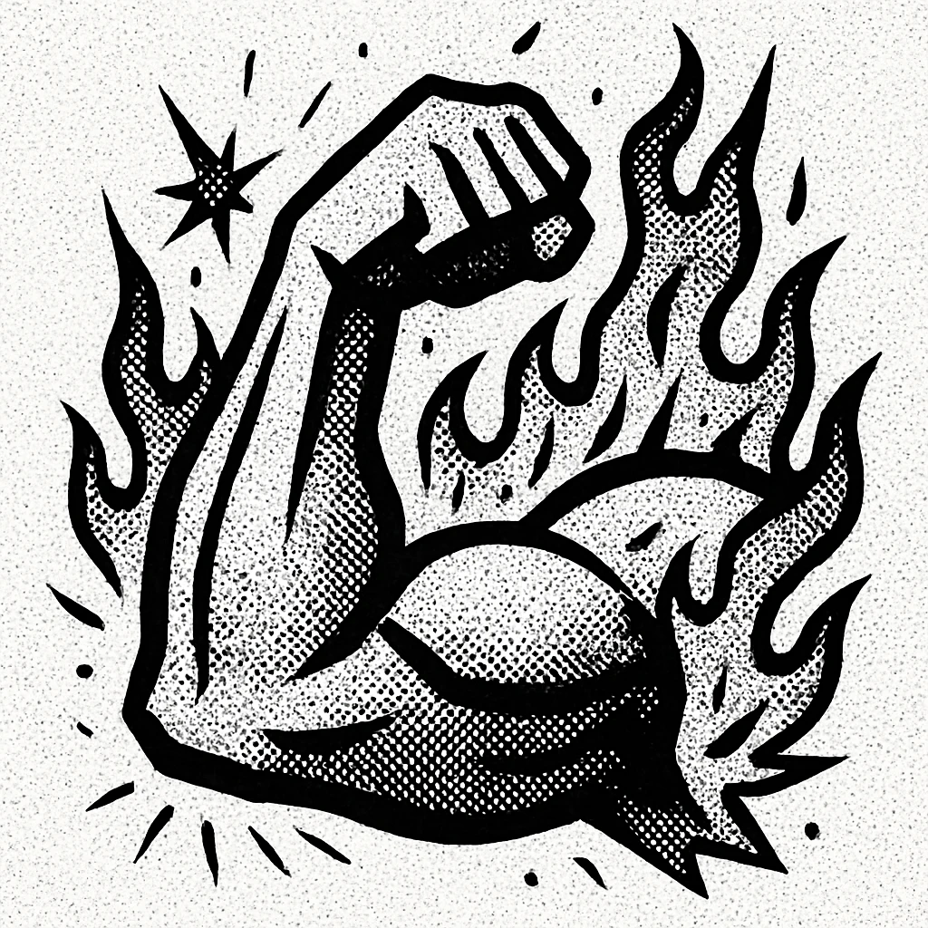 A strong arm flexing with flames and sparks bursting around it, vibrant and eye-catching, in comic book style with exaggerated action lines and halftone effects. emoji