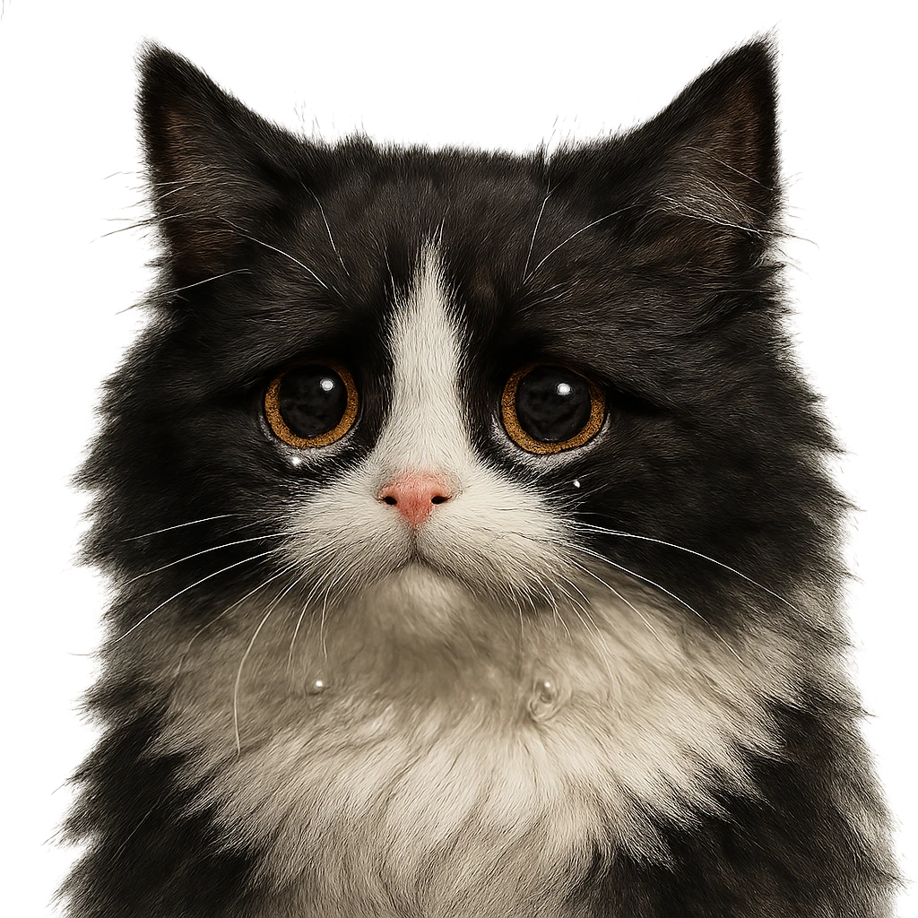 a fluffy black and white cat with tears in its eyes, different style emoji