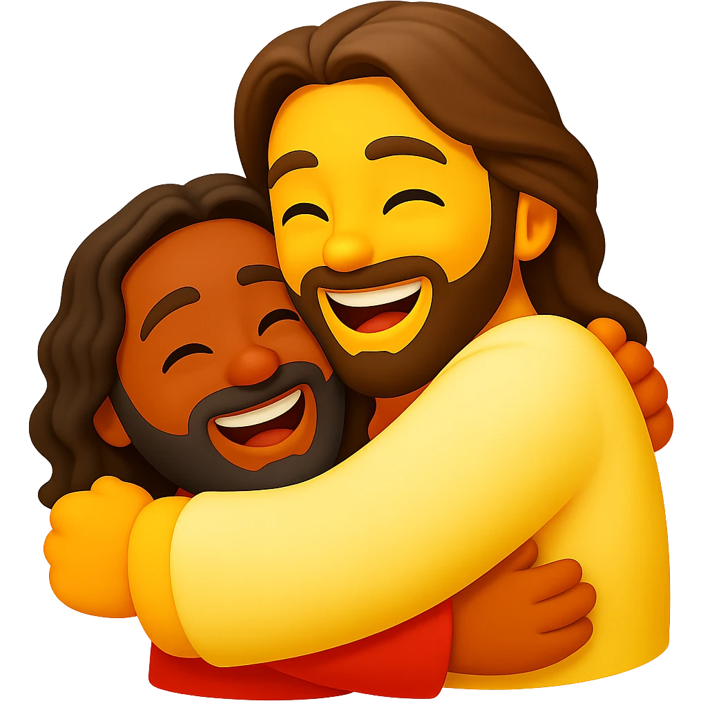 Create an emoji style image of Jesus hugging a person, both smiling, with brighter colors, transparent background. The style should resemble apple style emojis but with editing support, focusing on happiness and brightness. emoji