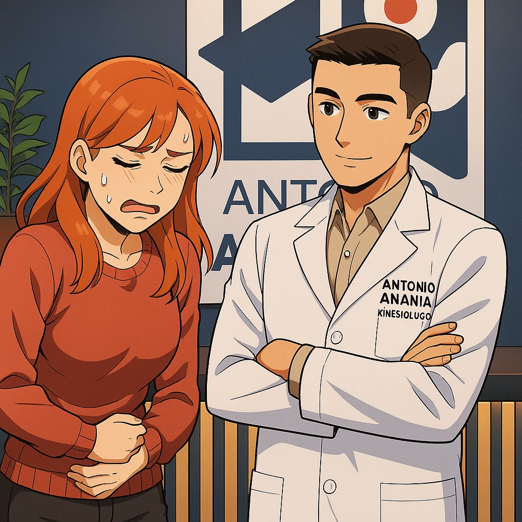 su questo stile fai un manga/webtoon a colori in cui una donna che parla esasperata dal suo problema, l'uomo della foto in stile manga gli risponde, mantieni un ambiente simile alla foto che ho allegato con il suo logo (sarebbe il suo studio, lui è un kinesiologo), scrivigli "ANTONIO ANANIA" sul camice bianco, non mettere fumetti, ma fai in modo che sembri che la donna chiede una cosa e l'uomo risponde alla sua domanda emoji