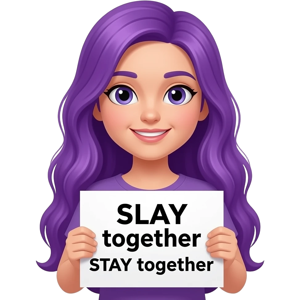 girl with long purple hair with a SLAY together STAY together sign emoji