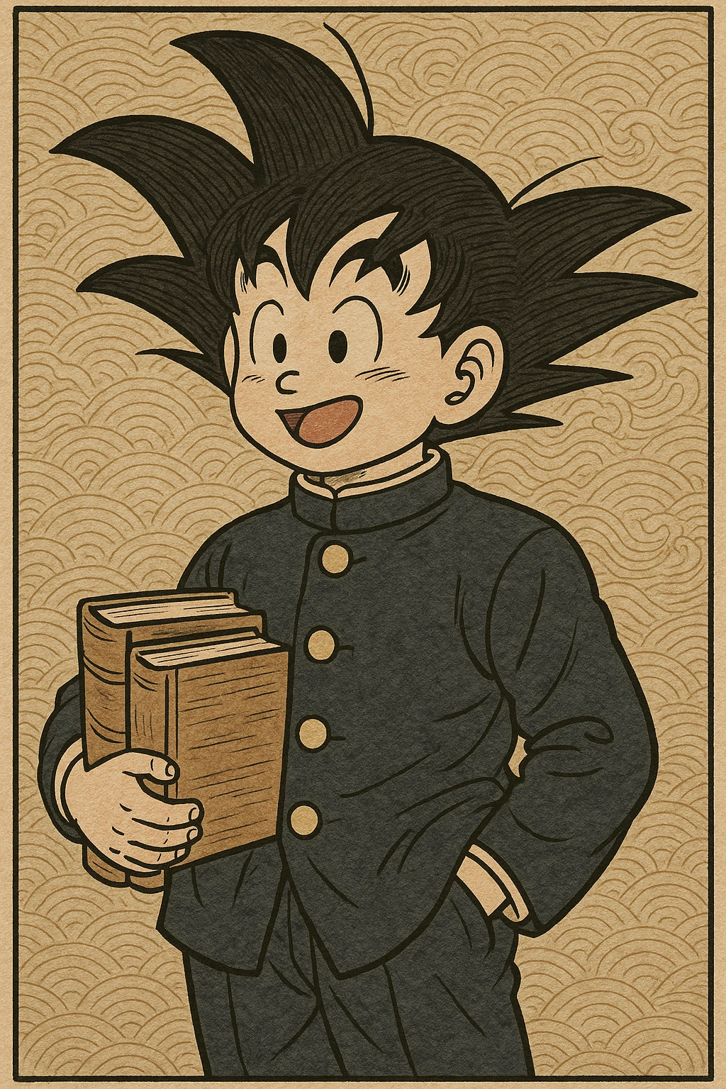 Goku as a student, wearing a school uniform, holding books, cheerful expression, anime style emoji