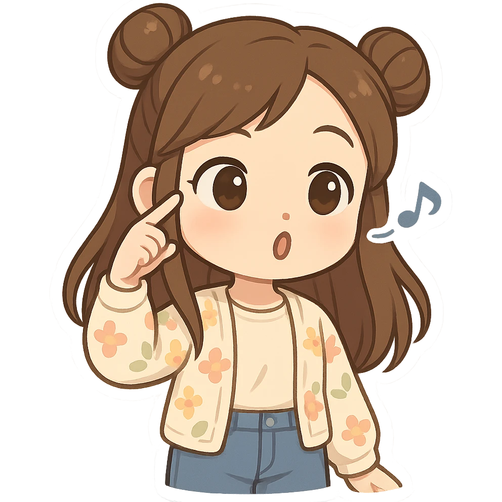 3D chibi style high-quality rendering smooth shadows soft gradients girl with long brown hair styled in two space buns brown eyes wearing jeans pastel floral cardigan thick white outline like a sticker transparent background spinning finger near temple whistling what a fool preserve facial features emoji