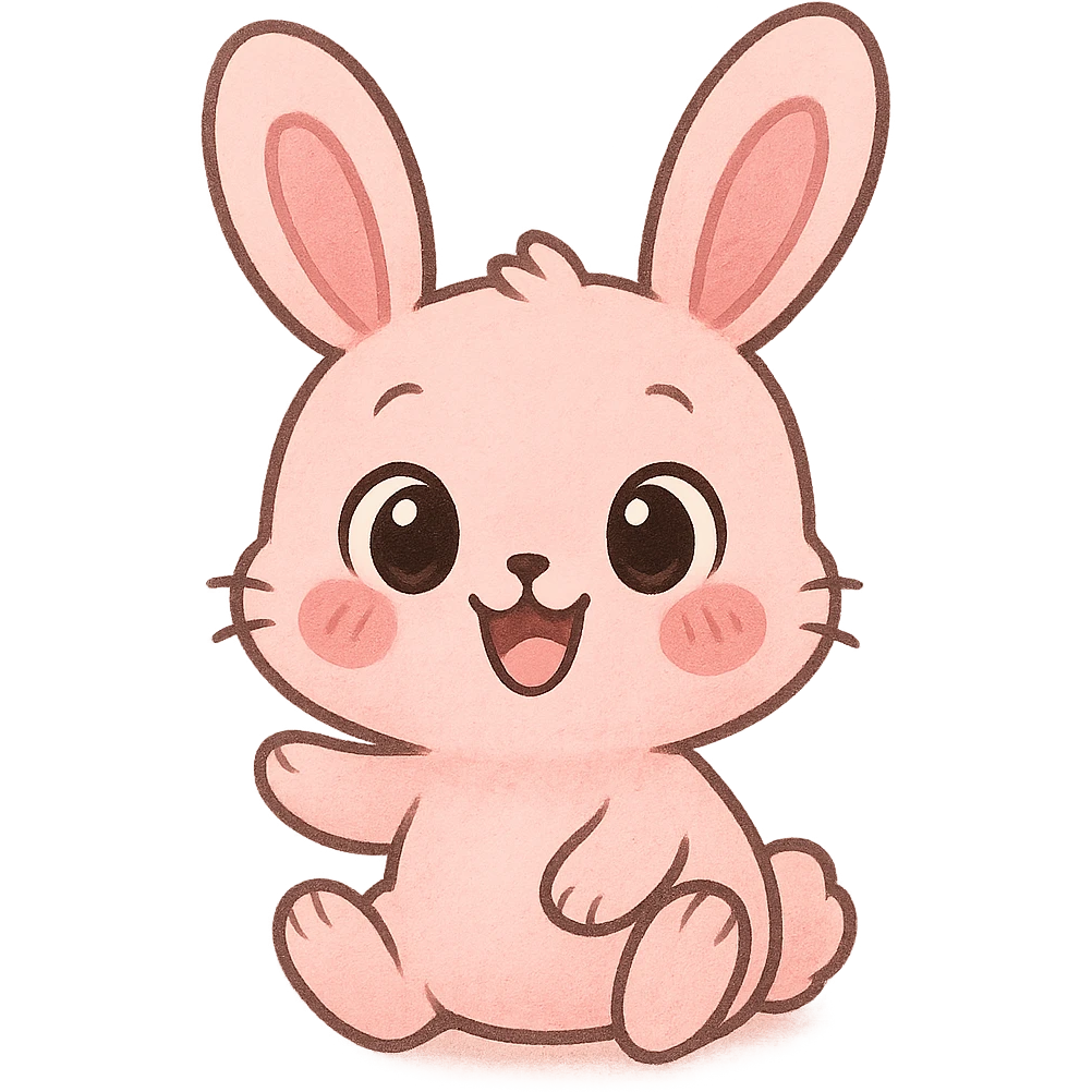 a cute pink bunny, original design, big eyes, blushing cheeks, joyful emoji