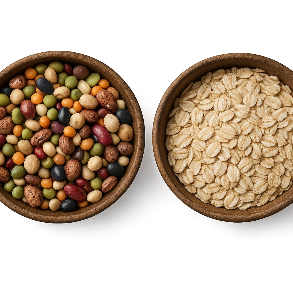 BOWL DI LEGUMI INSIEME A BOWL DI FIOCCHI DI AVENA POGGIATE,  iperrealistico 4k emoji