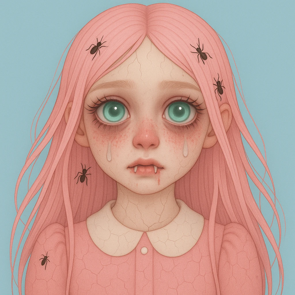 Add more horror details to this pastel horror profile picture, keep it cute, expressive, and minimal, in the style of imagen-4-fast (soft pastel colors, subtle horror elements, minimalistic and cute expression) emoji