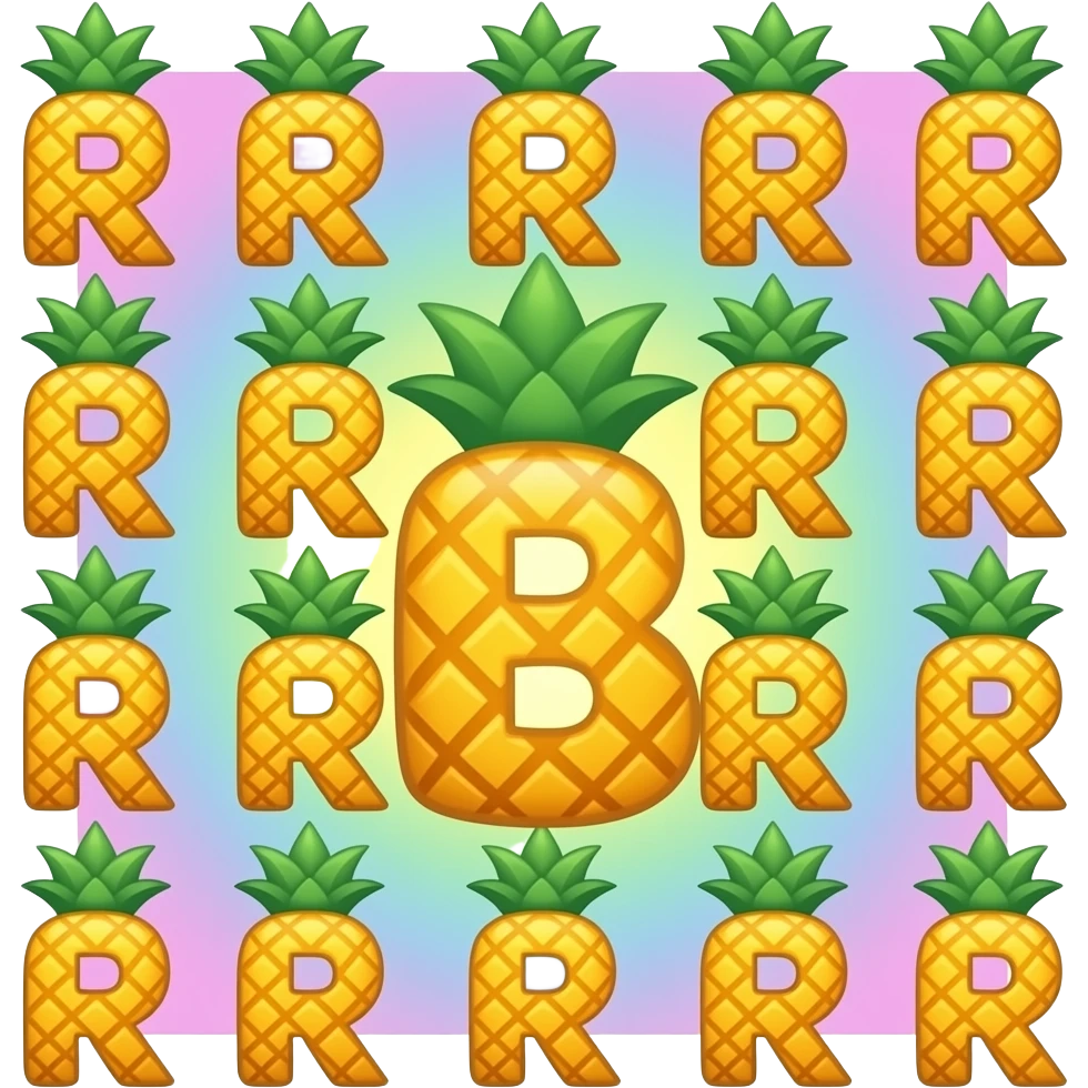 "Many letter R shaped like pineapple, one letter B shaped like pineapple, bright colorful background, kids puzzle" emoji