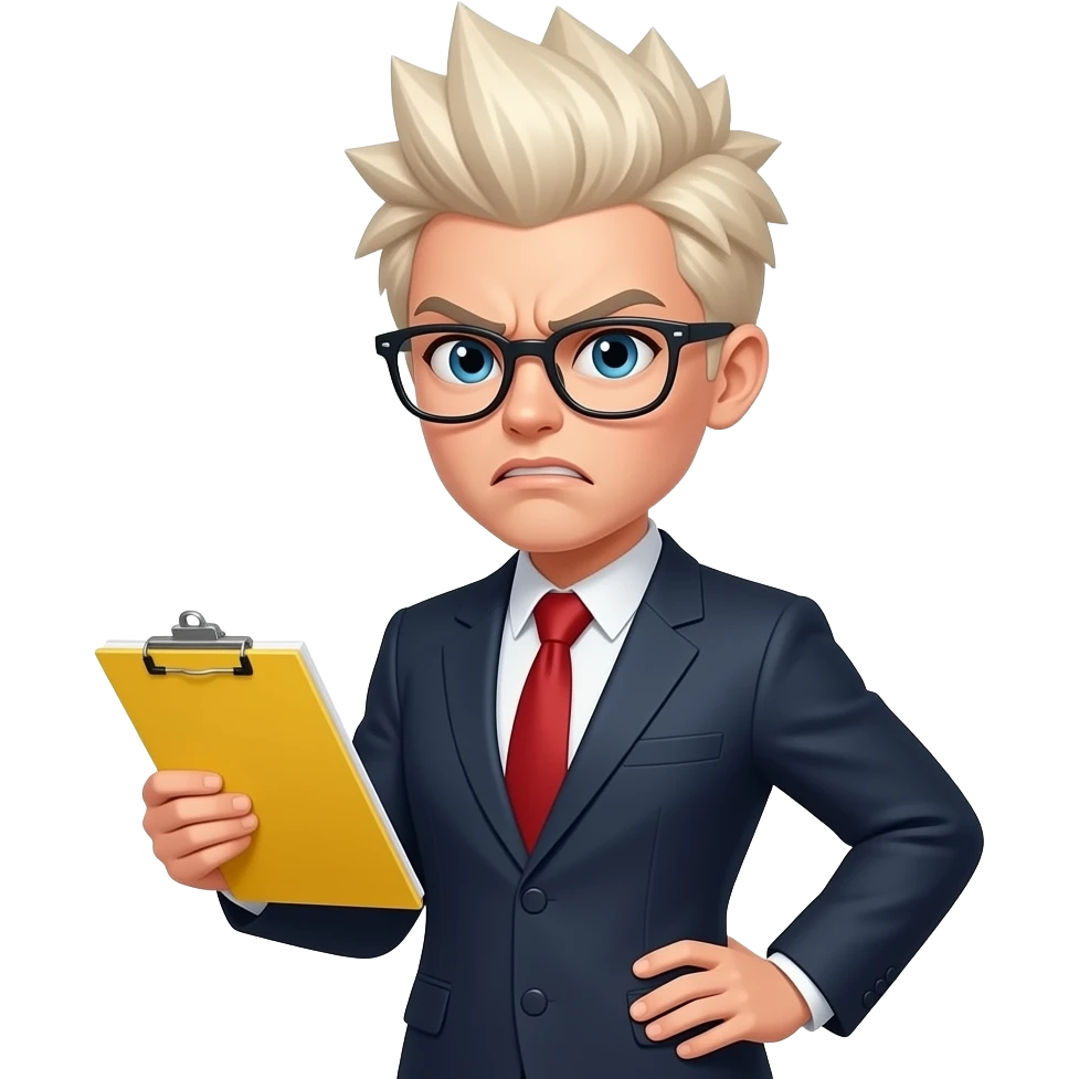 frusturated female woman, bleach blonde hair, very short, stiff, sharp spiky hair, styled in vertical points, styled upward, wearing glasses, one hand on hip and one holding yellow legal pad, no suit or tie emoji