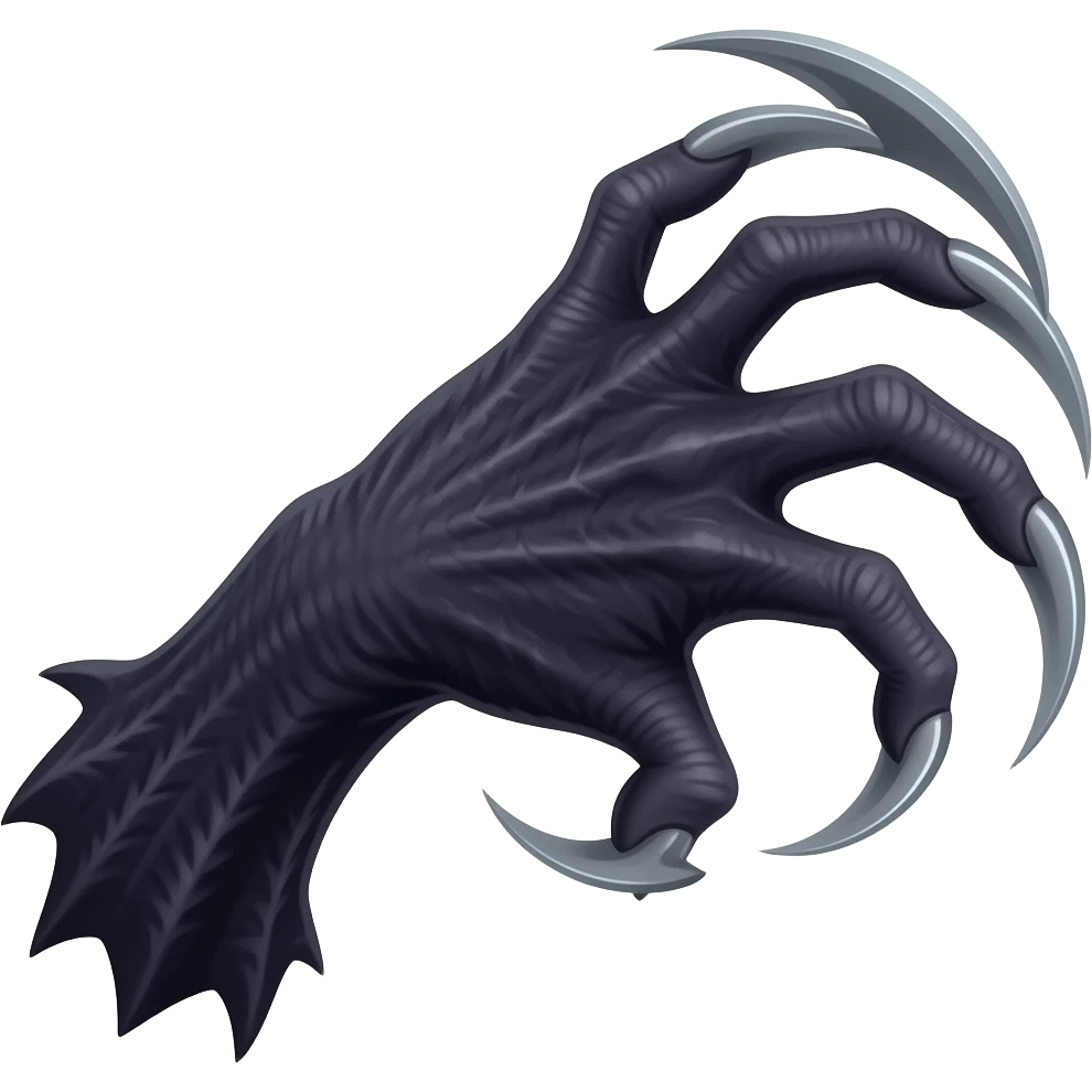 Long dark Demonic hand with sharp claws. Make the hand reach out to attack and slash towards the right of the image violently. Shift the perspective to a side profile to show the curvature and length of the claws more clearly. emoji