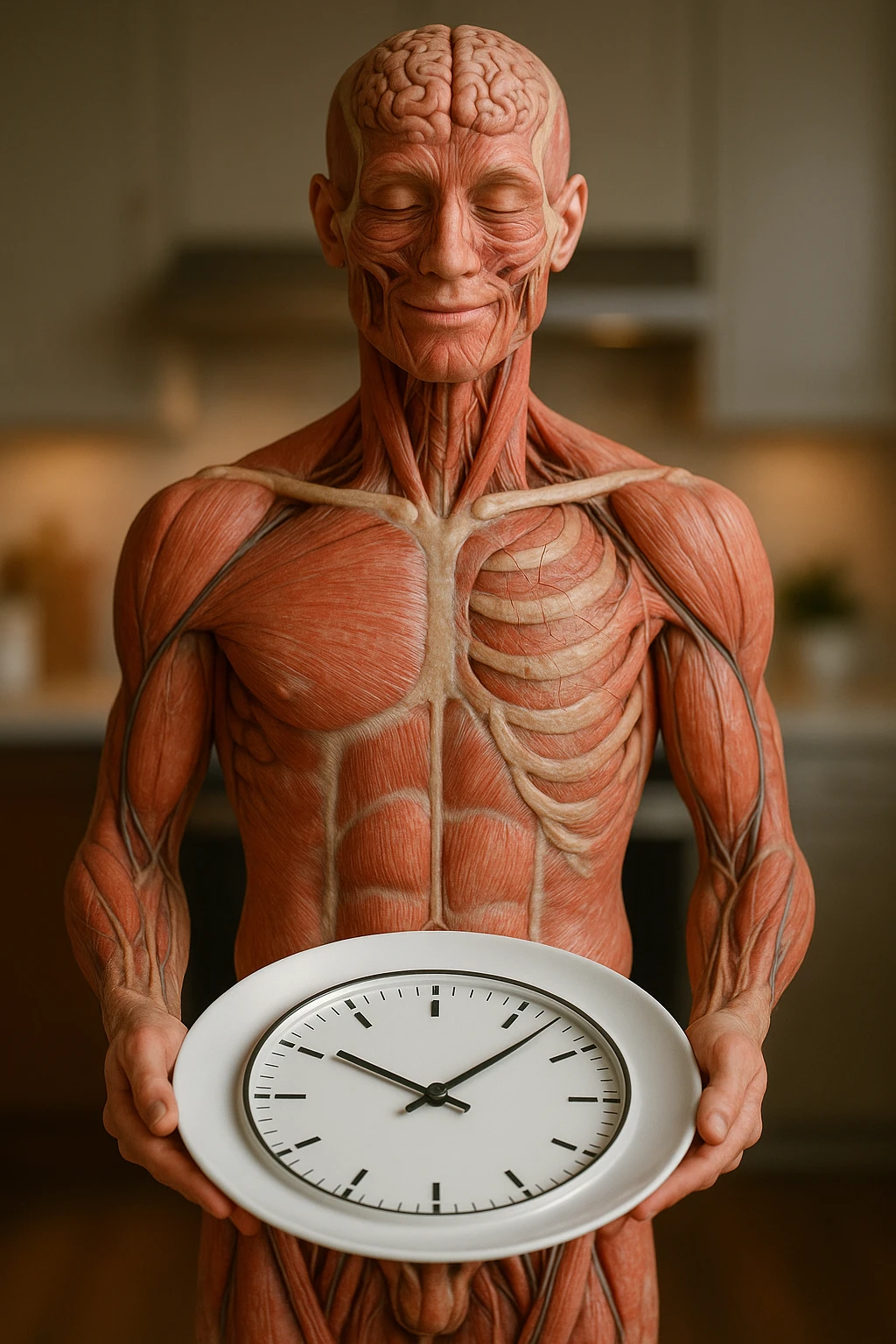 corpo umano anatomico, che tiene in mano un piatto bianco con la lancette di un orologio sopra, figura visibile fino ai fianchi, espressione del volto soddisfatta, sullo sfondo la sua cucina sfocata, iperrealistico 4k emoji