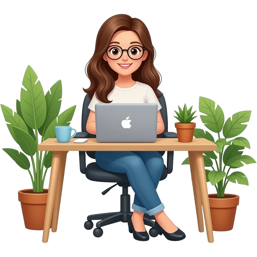 woman with long hair working behind her laptop  with glasses emoji