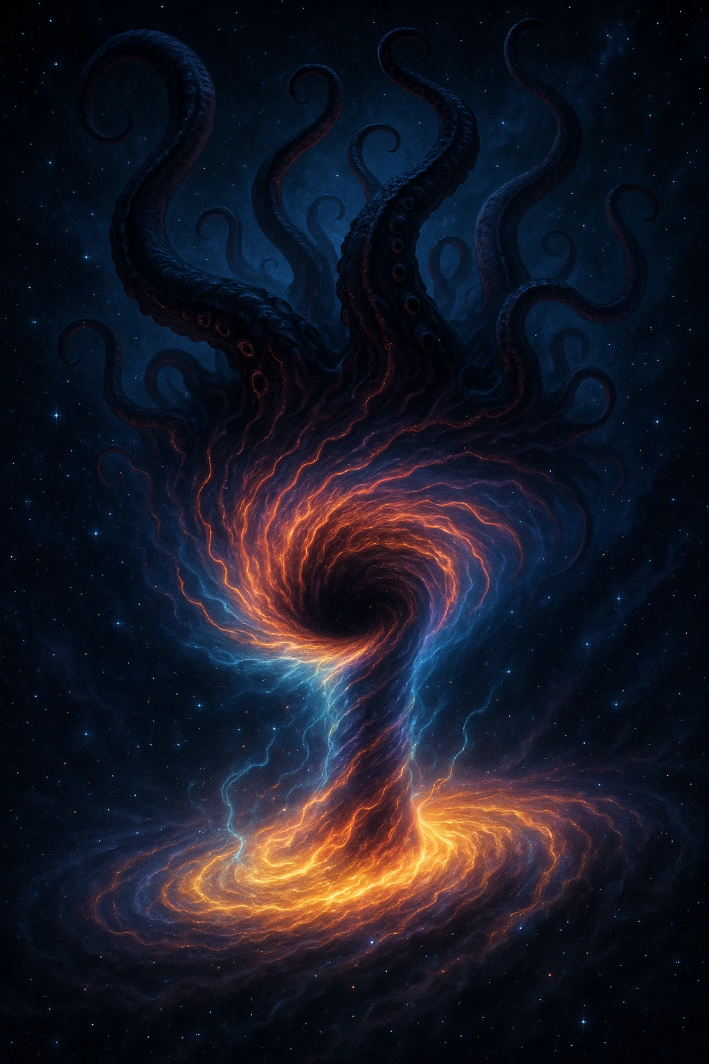 A wormhole in space resembling a swirling cosmic tornado, with glowing energy and elder god tentacles emerging from the hole at the top, dramatic and otherworldly, starry background emoji