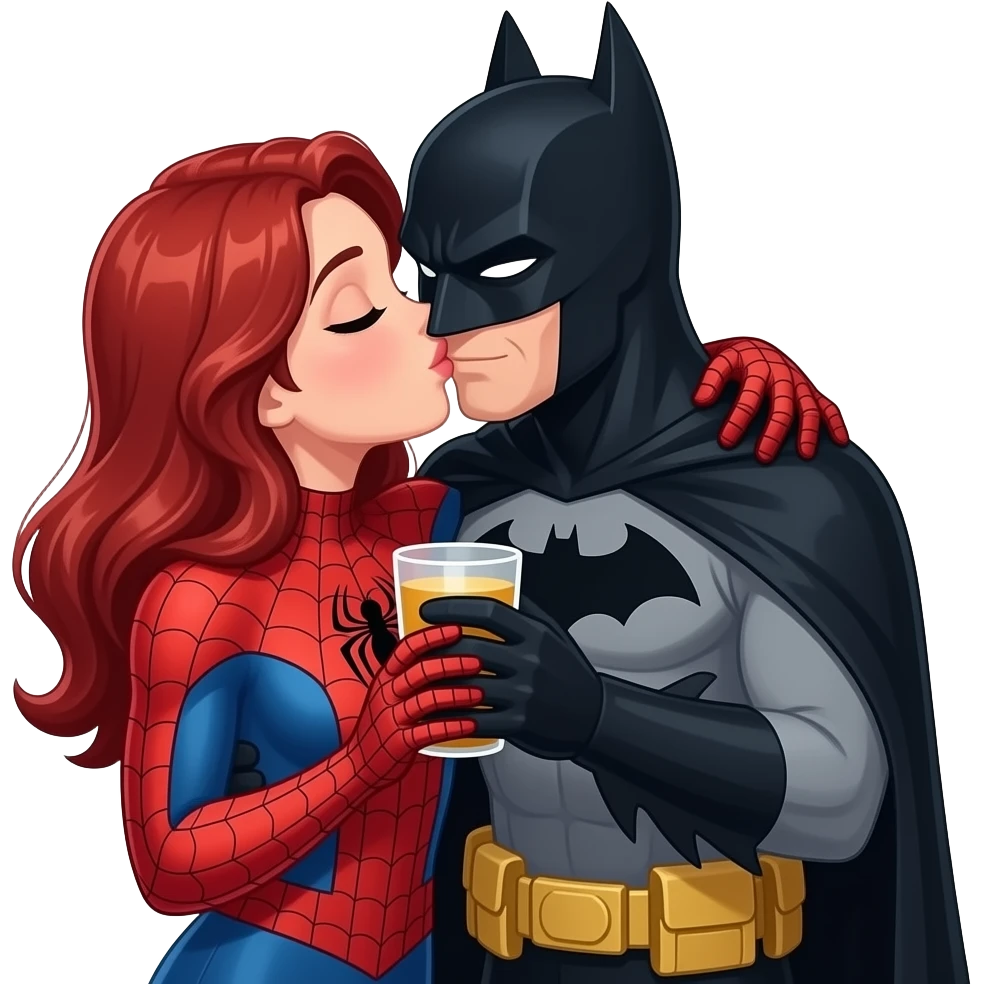 3 characters. Spiderman kissing a red hair girl, batman drulling and hugging both emoji