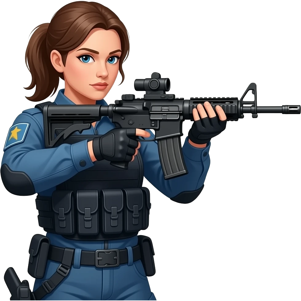 female hunter with blue costume and weapon aiming emoji