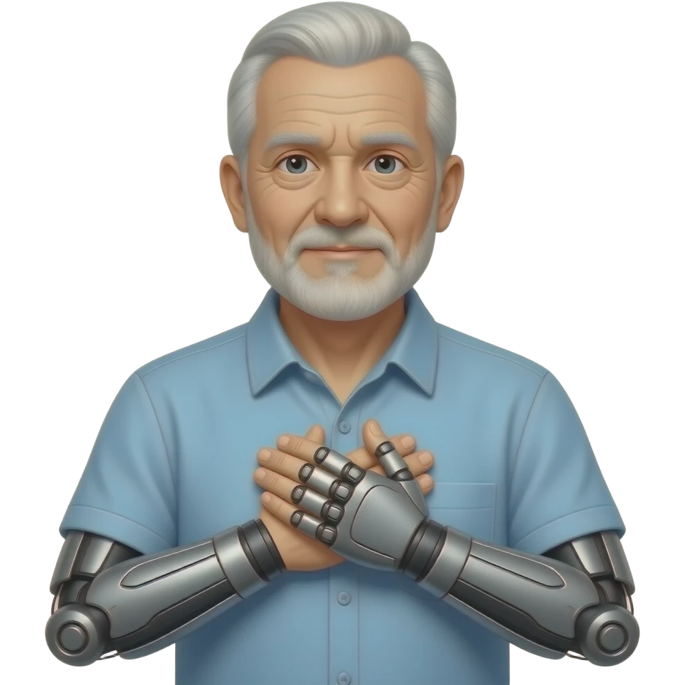 old man with both bionic arm , both hands folded against chest closeup emoji
