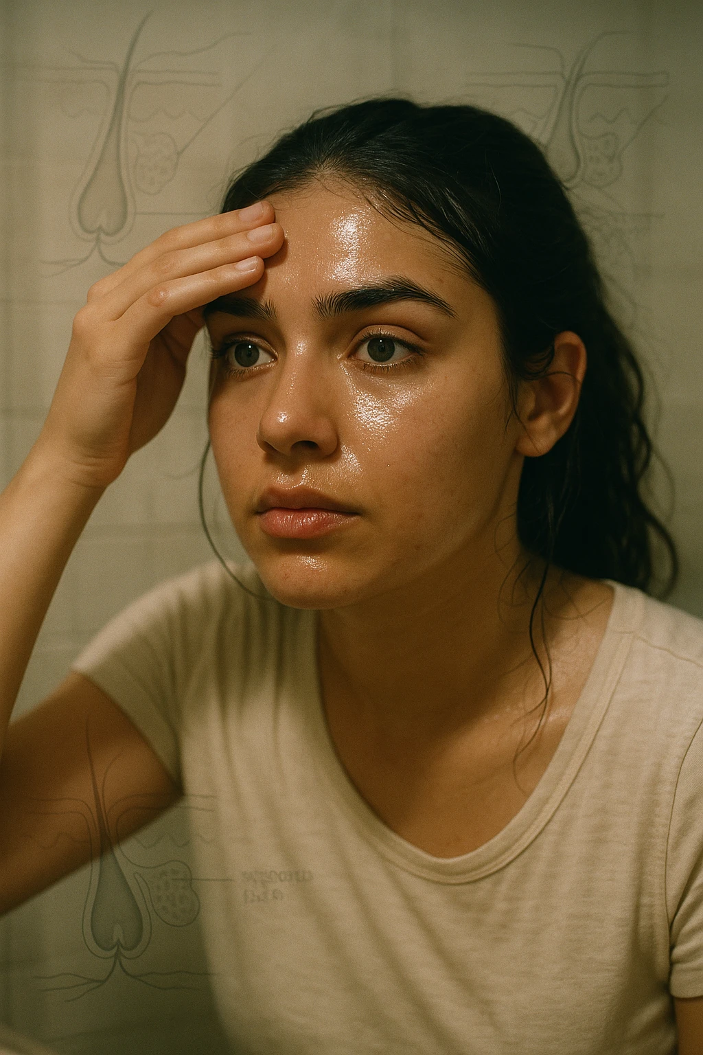 A realistic, cinematic portrait of a young woman in her late 20s with medium skin tone, sitting in front of a mirror in a softly lit bathroom. Her facial skin appears oily with a noticeable shine on her forehead, nose, and cheeks due to overactive sebaceous glands caused by PCOS. Small acne spots are visible along her jawline and chin, highlighting hormonal imbalance. She gently touches her forehead with her fingertips, checking the oiliness with a slightly concerned expression. Her dark hair is tied loosely, showing a few strands sticking to the sides of her face because of excess sebum. Subtle overlays of scientific diagrams of sebaceous glands can be softly blended into the background, symbolizing the overproduction of sebum. The atmosphere is clean and realistic, with warm daylight tones and a soft depth of field, ensuring emotional connection while maintaining medical educational value. 35mm film style, highly detailed skin texture and reflections on the oily areas for a hyperrealistic effect in italiano emoji
