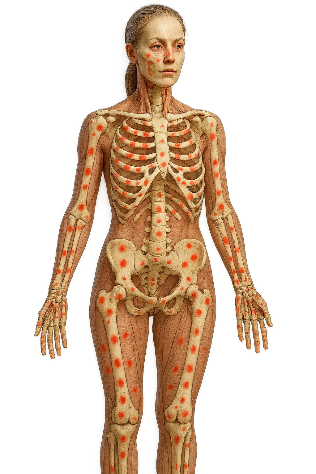 corpo umano anatomico di una donna affetta da fibromialgia, red spot sparsi sulle sue ossa, iperrealistica 4k emoji