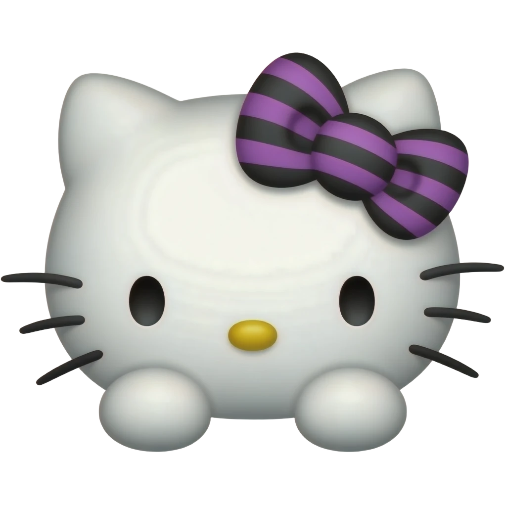 Hello Kitty head with two front paws and a purple and black striped bow emoji