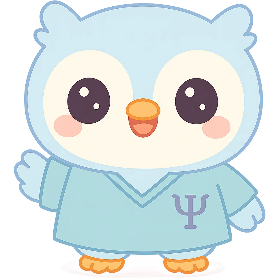 Make the baby owl wearing a bluish psychology scrub look more commercial and attractive to attract clients: add a big smile, bright and expressive eyes, friendly posture, and welcoming gesture, in a kawaii style, transparent background. emoji