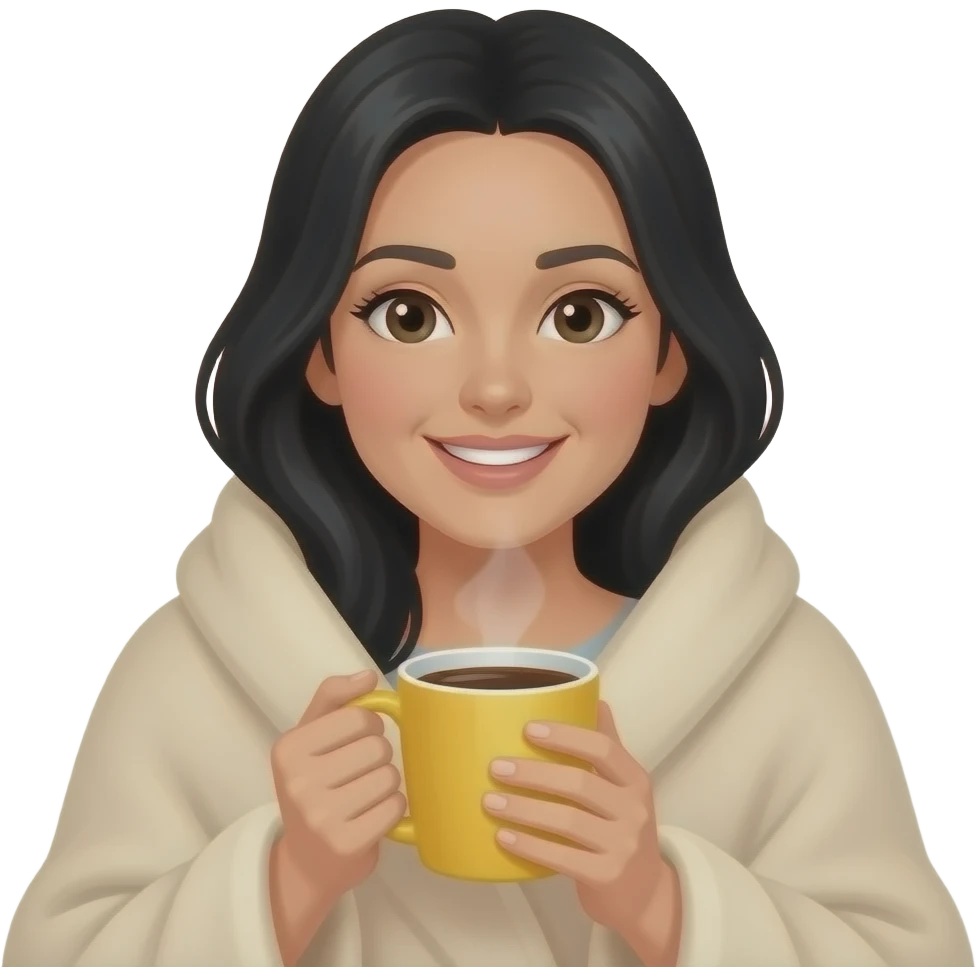 A white woman with black hair, with a large beige blanket, drinking coffee in a yellow mug, cozy and peace, iPhone emoji style emoji