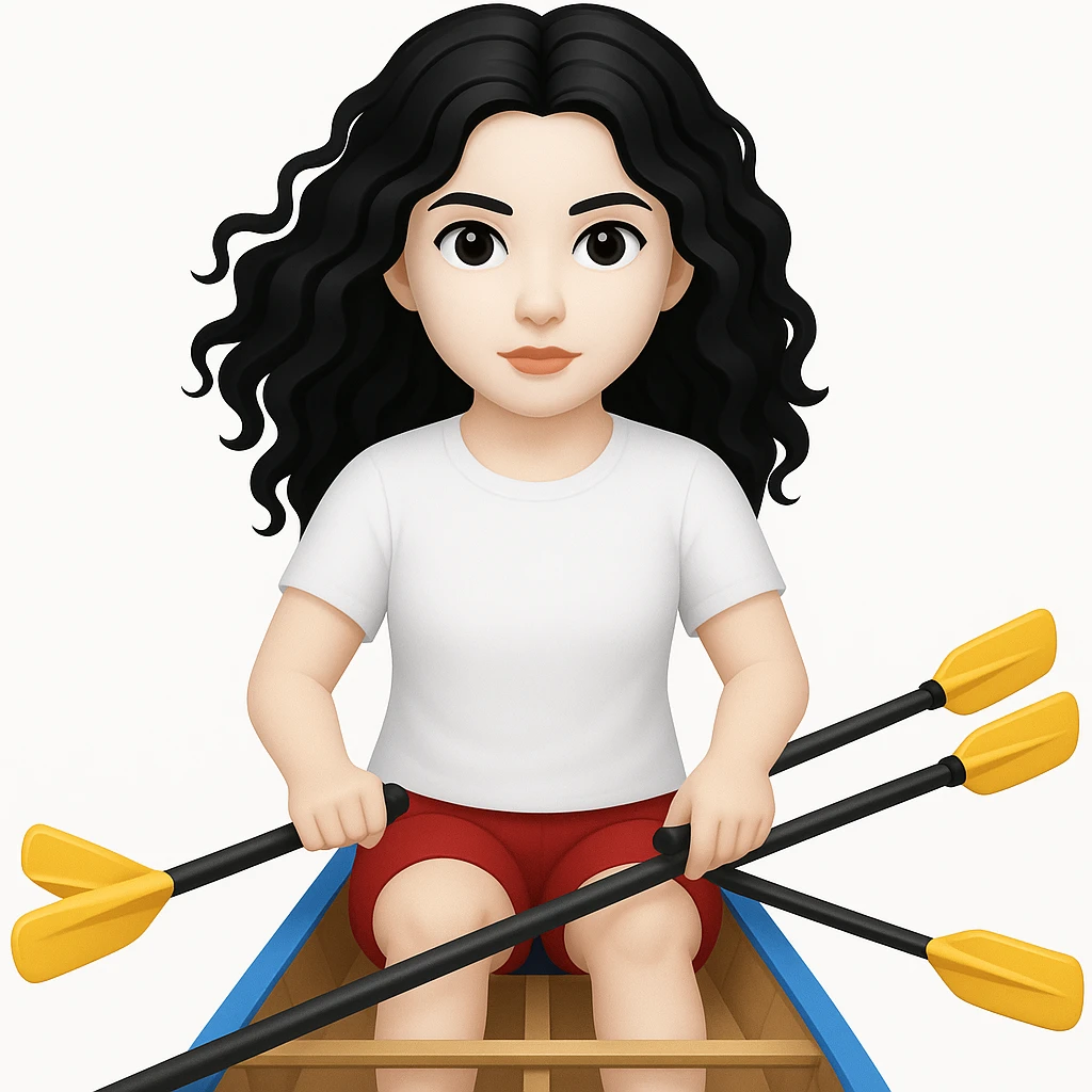 Kızın tenini daha beyaz yap, siyah uzun dalgalı saçlı, kırmızı şort ve beyaz kısa kollu tişörtle olimpik kürek sporu yapıyor emoji