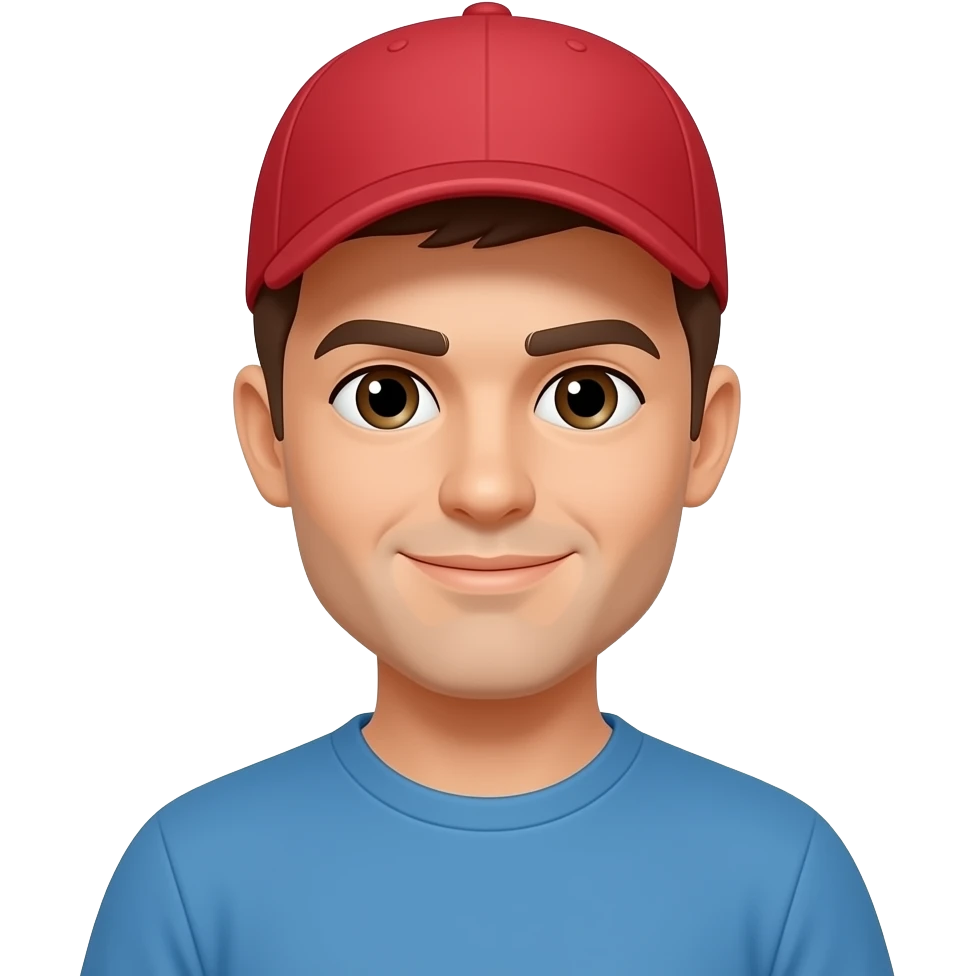 A man wearing a red baseball cap, brown hair, blue t-shirt. emoji