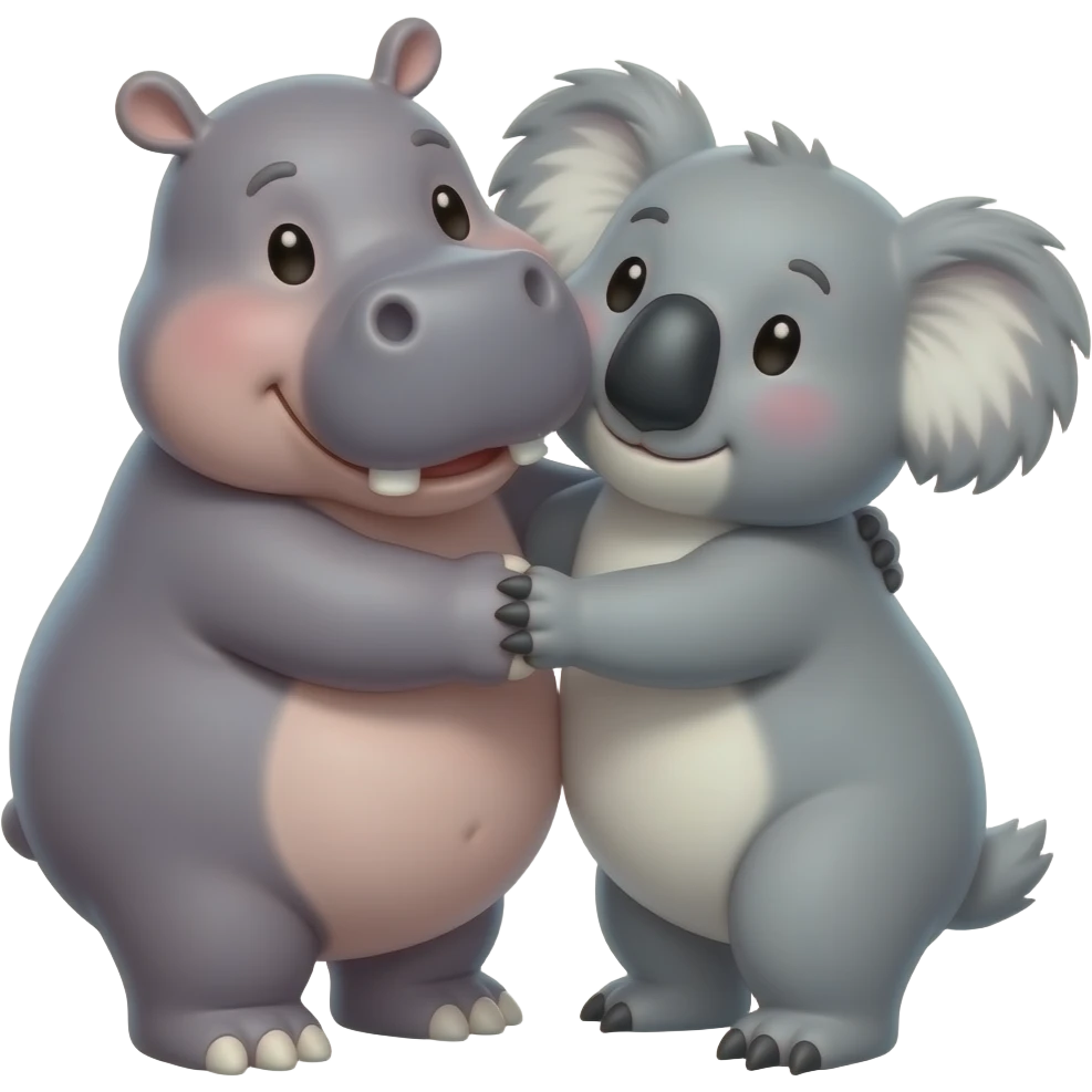 Hippo kissing koala in love. Hugging. emoji
