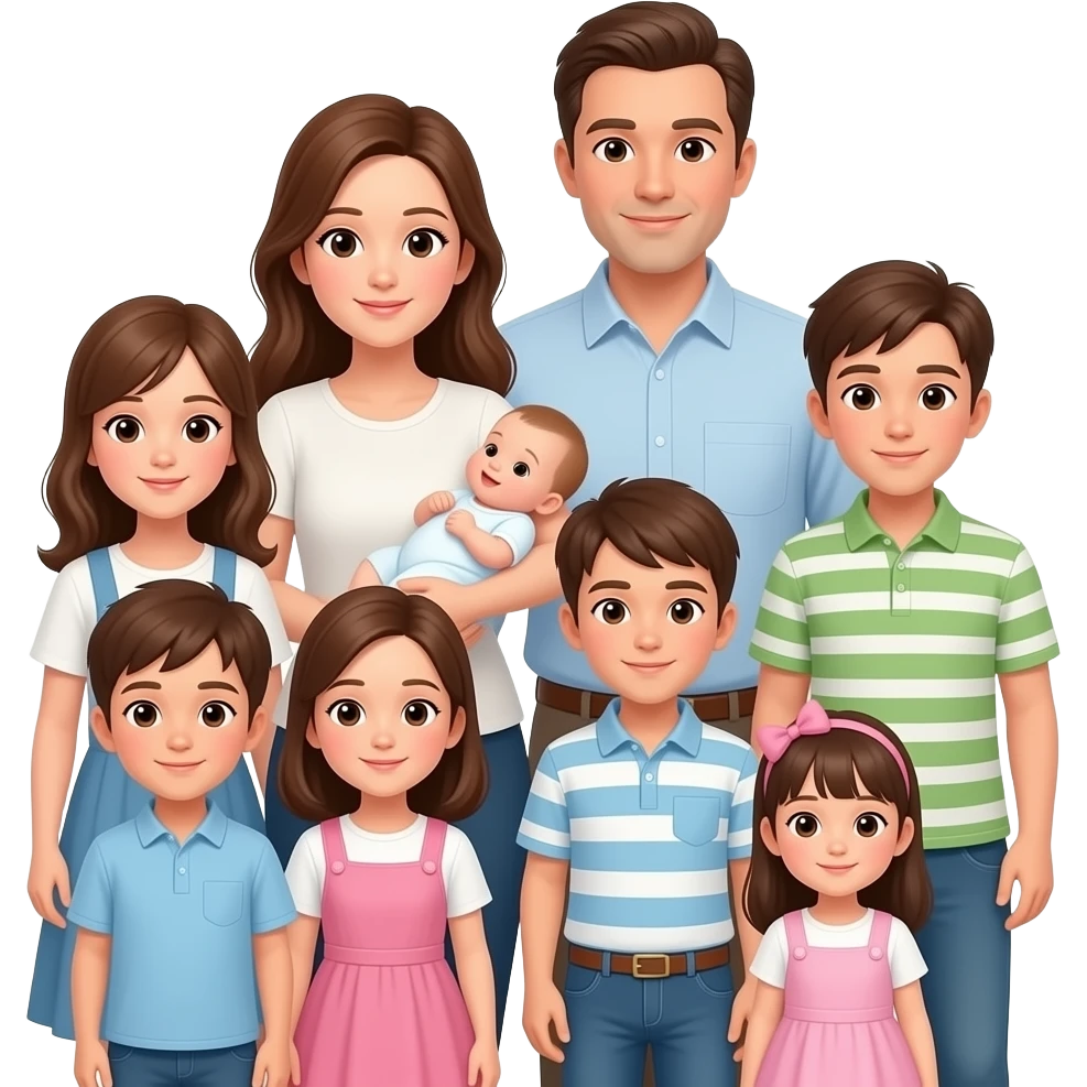 family of 8 white people and all with brown hair with 2 parents mom holding a newborn baby girl and dad with 6 kids in age order- girl-13, boy-10, boy-10, girl-8, girl-1 emoji