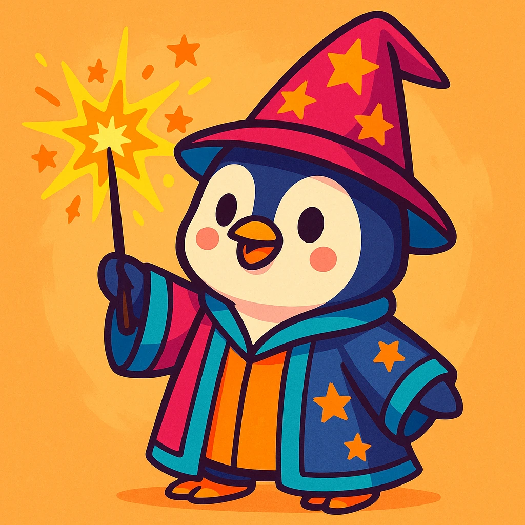a cute penguin wizard casting a spell, wearing a robe and holding a wand, colorful cartoon style, vibrant toon style, bright and cheerful emoji