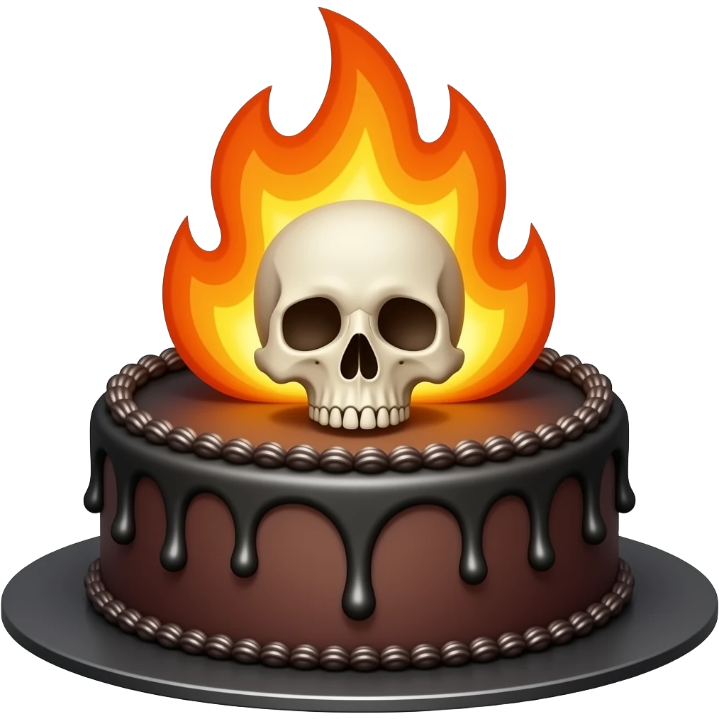 Gothic birthday cake with a whole sckull on top  on fire emoji