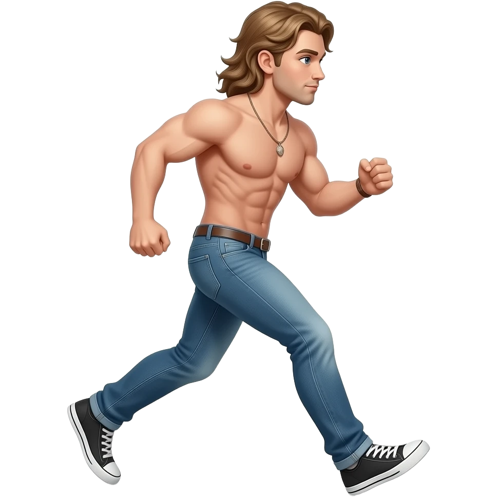 muscular shirtless twink with very long hair, moving box emoji