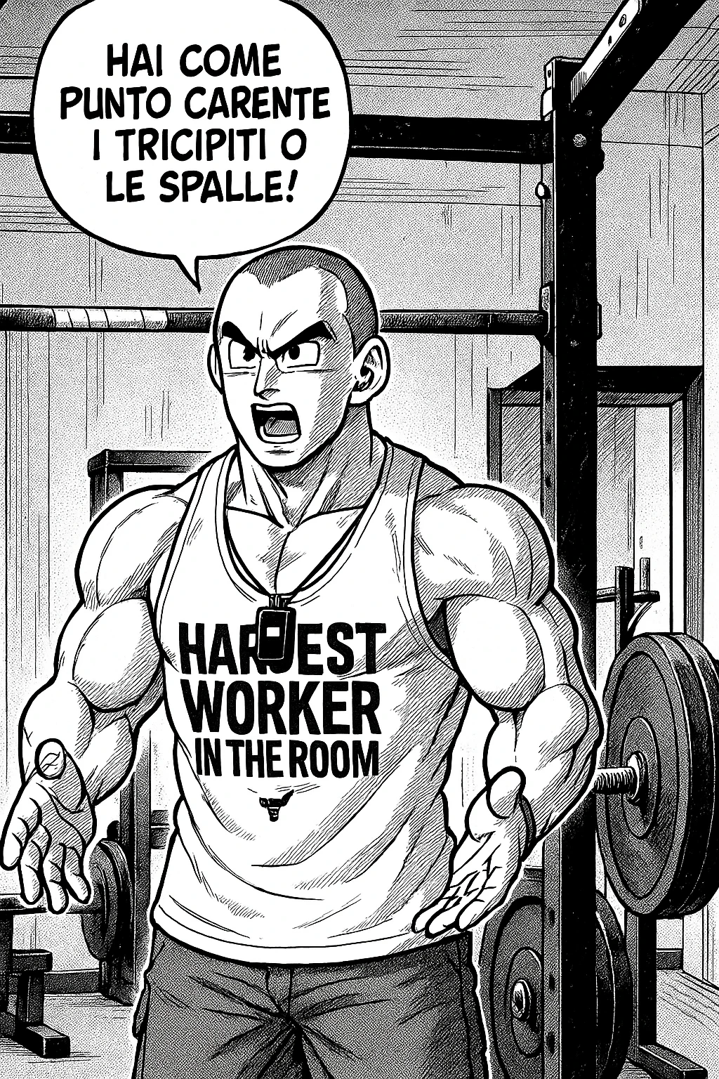 Personal trainer che dice al suo allievo, "hai come punto carente i tricipiti o le spalle!" Stile manga di Dragon Ball emoji