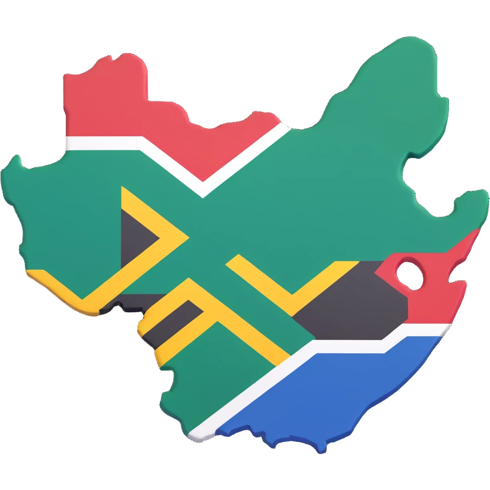 Create a 3D style image of the map outline of South Africa with the South African flag applied on it. Ensure the black color of the flag is vivid and clearly visible, maintaining the flag's distinct colors and shapes on the map contour. emoji