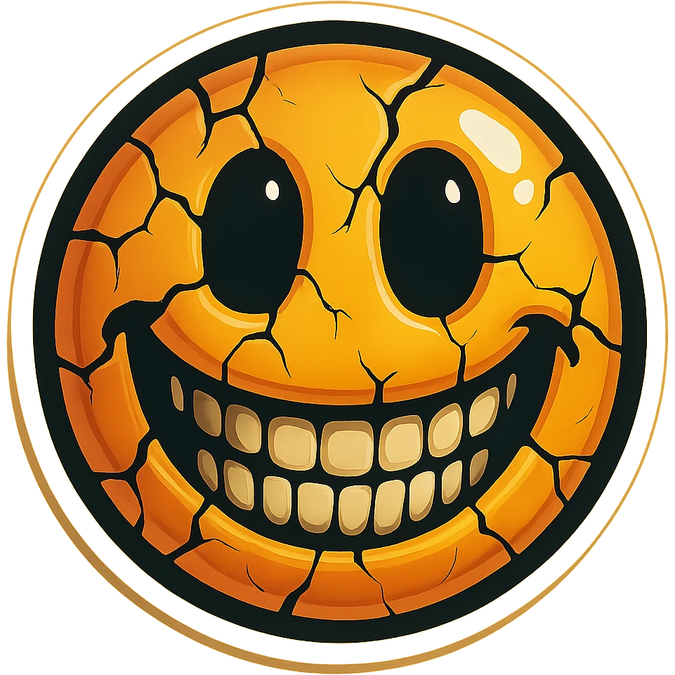 Create a creepy emoji with a wide smile, cracks, and a face similar to the reference image. Use retro stickers style with sharp black outlines, distinct shadows and highlights, no gradients, only clear color transitions, and a highly vectorized drawing style suitable for easy SVG conversion. emoji