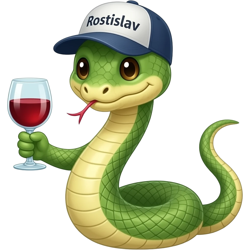 A snake in a cap with the inscription Rostislav in one hand holds a glass of wine in the other, nothing emoji