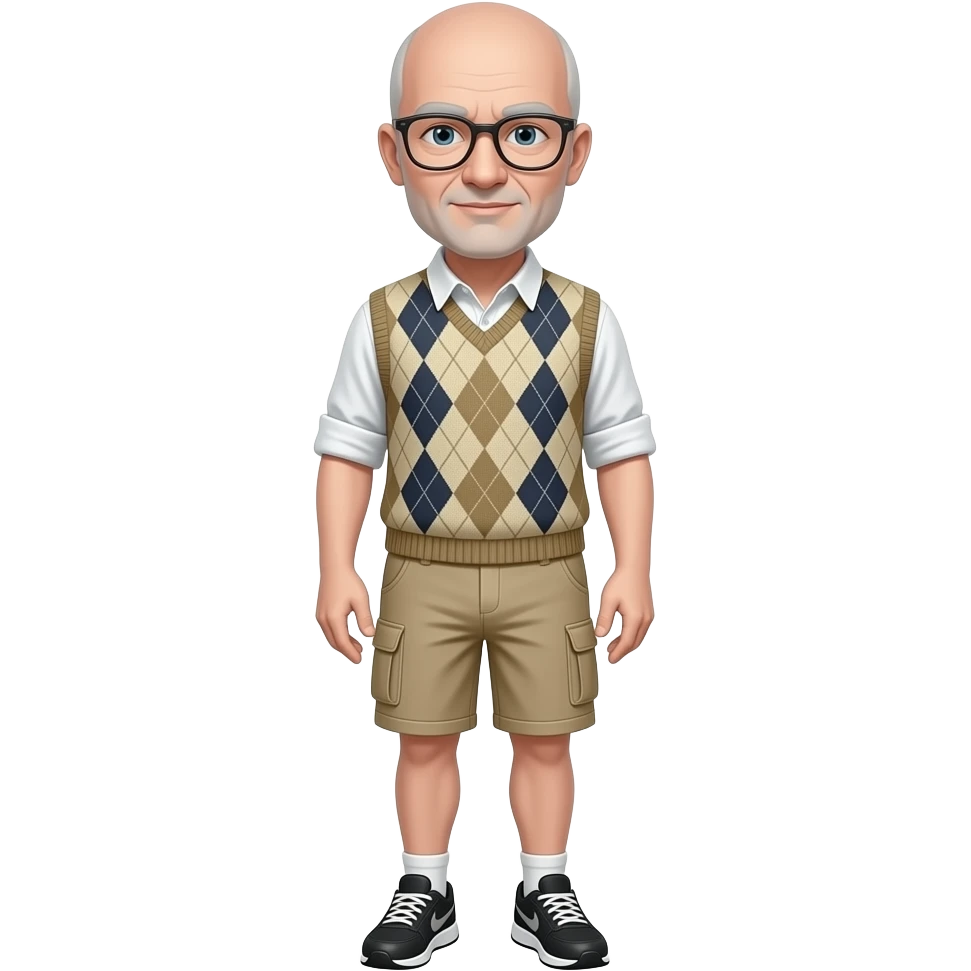 older hairless white man with thin framed glasses, a sweatervest, beige cargo shorts and black running shoes emoji