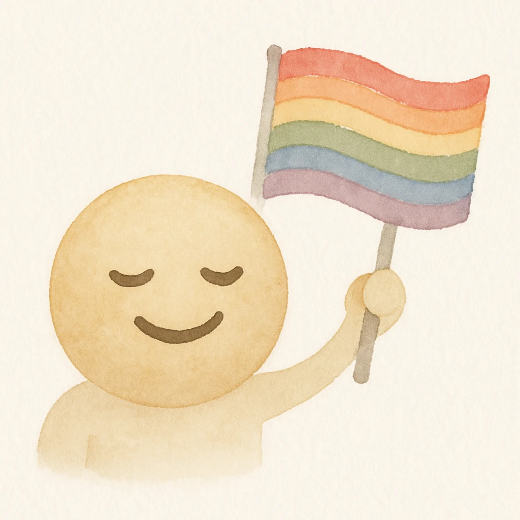 gay pride emoji with waving rainbow flag, soft edges, watercolor art style emoji