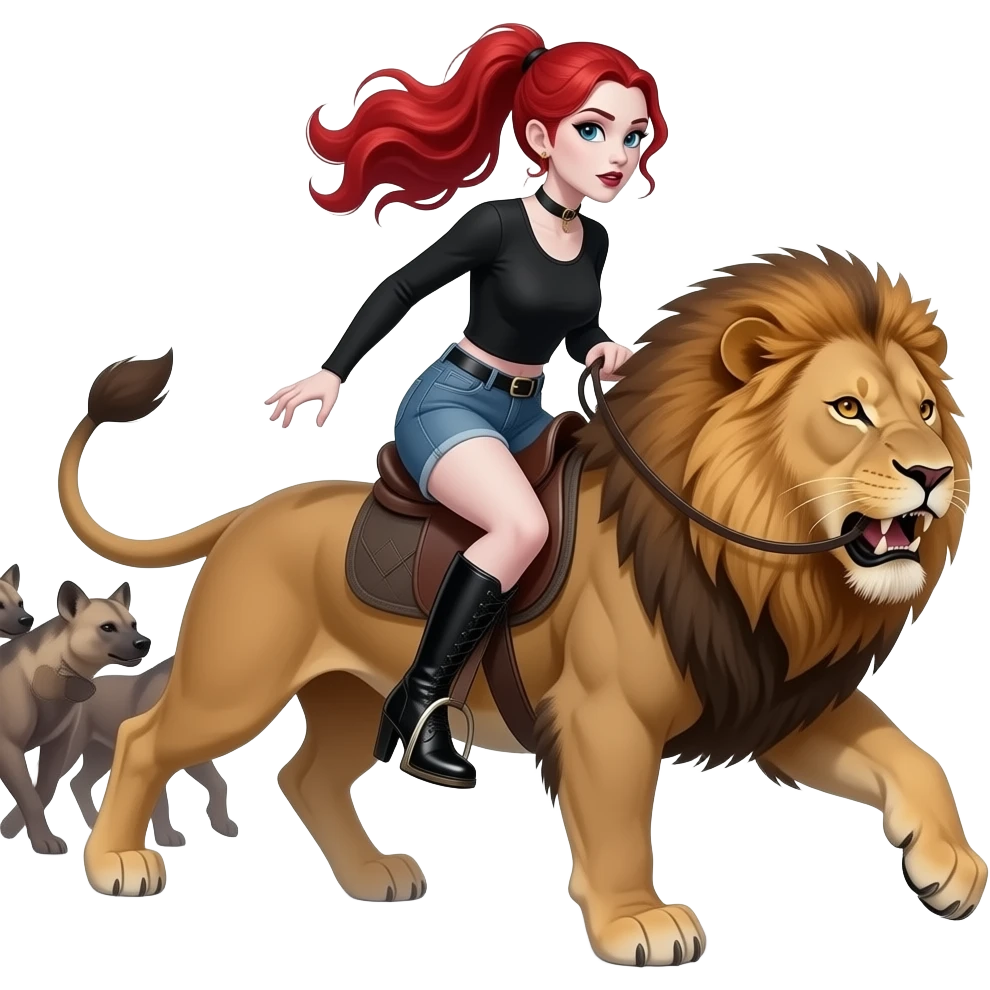 Vampiro femmina ADOLESCENTE con pelle bianca e capelli rosso ondulati lunghi raccolti in una mezza coda che indossa dei jeans corti un top nero con maniche lunghe e degli stivali lunghi con tacco che cavalca un leone SCAPPANDO da un branco di iene emoji