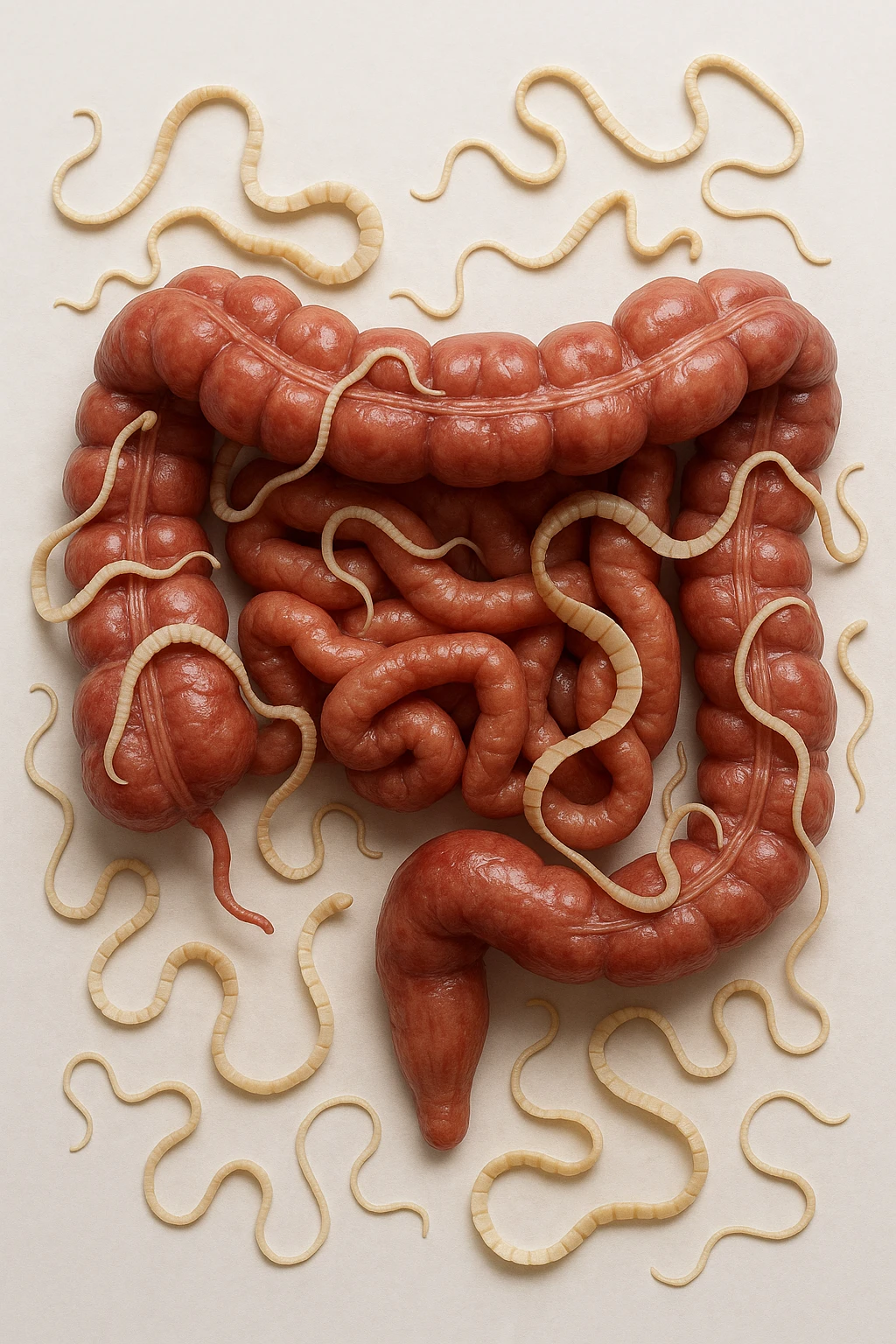 intestino umano anatomico con parassiti tipo la tenia sopra e intorno, sfondo chiaro neutro, iperrealistico 4k emoji