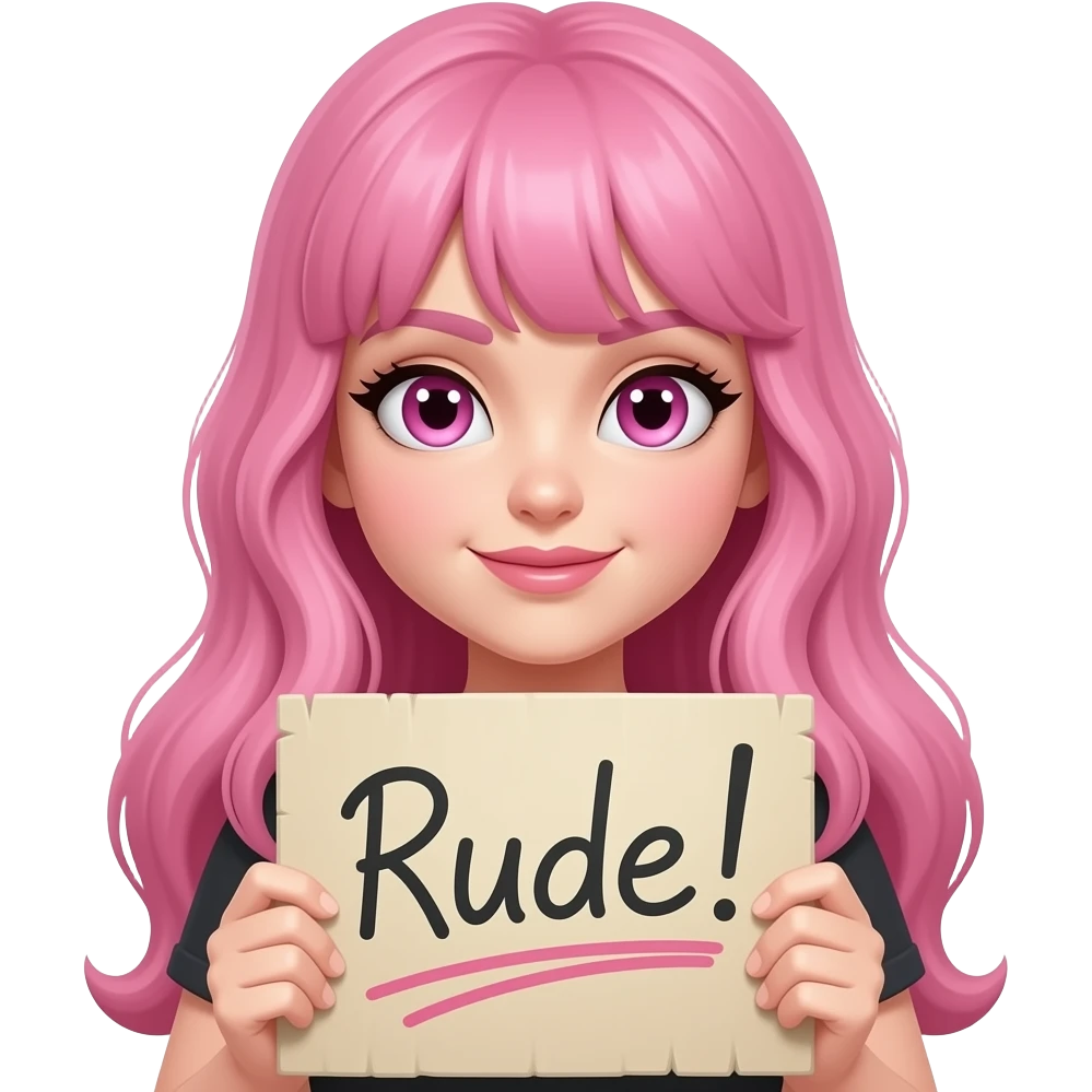 sexy girl with long pink hair and pink eyes holding RUDE... sign emoji