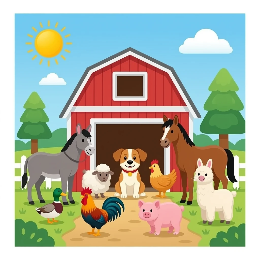 animals inside the barn like have: bottom door: Duck, mouse, dog, horse, sheep, chicken, donkey, pig, goat, cat, rooster, rabbit, and llama. emoji
